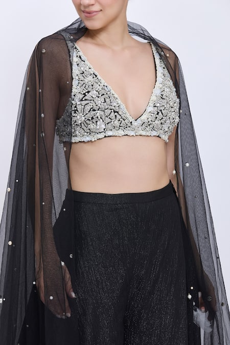 Buy_Dilnaz_Black Net, Polyester, Satin Beads, Pearls V-neck Work Blouse _Online_at_Aza_Fashions