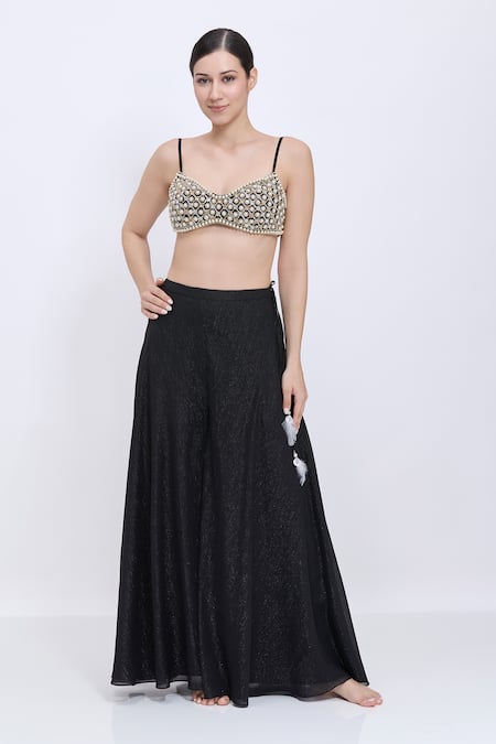 Dilnaz_Black Net, Polyester, Satin Beads, Pearls Embroidered Chowdi Bustier Blouse _Online_at_Aza_Fashions