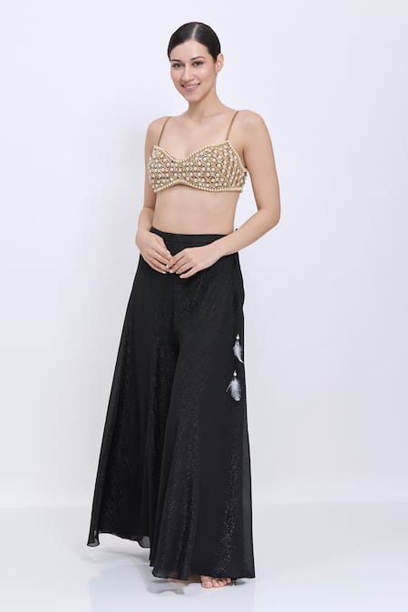 Dilnaz_Gold Net, Polyester, Satin Pearls, Beads Hand Embroidered Bustier Blouse _Online_at_Aza_Fashions