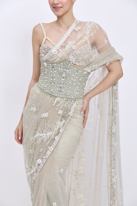 Dilnaz_Gray Stones, Sequins Jewel Motif And Diamond Lines Waist Corset Belt _Online_at_Aza_Fashions