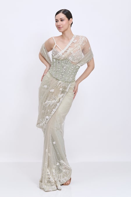 Buy_Dilnaz_Gray Stones, Sequins Jewel Motif And Diamond Lines Waist Corset Belt _Online_at_Aza_Fashions