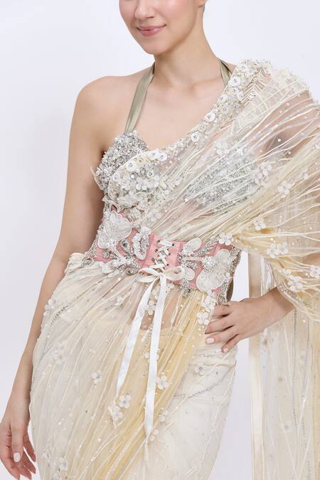 Dilnaz_Pink Fabric Flowers, Stones Hand Embroidered Corset Belt _Online_at_Aza_Fashions