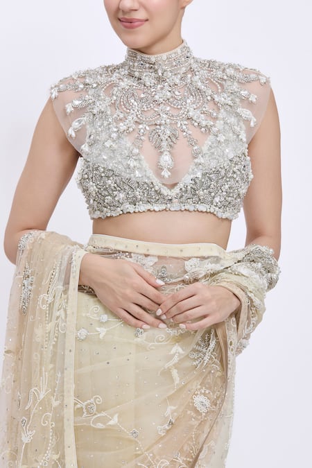 Dilnaz_Ivory Net, Polyester, Satin Beads, Crystals, Stones Hand Embroidered Blouse _Online_at_Aza_Fashions