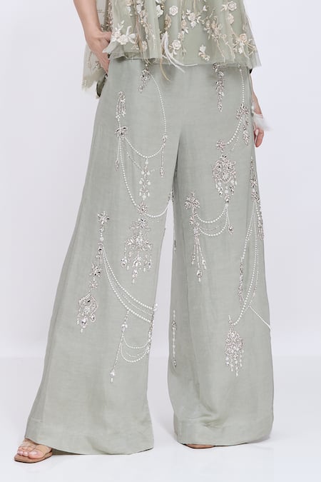 Dilnaz_Gray Linen Pearls, Stones Hand Embroidered Palazzo _Online_at_Aza_Fashions