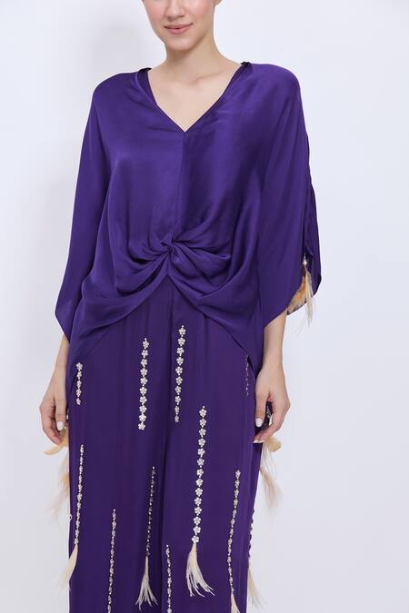 Dilnaz Purple Satin Tassels, Sequins, Feathers Draped Kaftan And Embroidered Jumpsuit Set Online at Aza Fashions Dilnaz_Purple Satin Tassels, Sequins, Feathers Draped Kaftan And Embroidered Jumpsuit Set _Online_at_Aza_Fashions