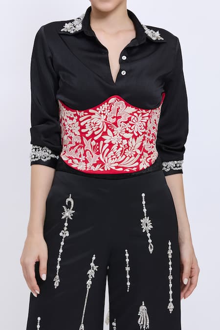Dilnaz_Red Embroidery Parsi Gara Corset Belt _Online_at_Aza_Fashions