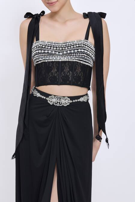Buy_Dilnaz_Black Net, Lace, Polyester, Satin Pearls, Stones Sweetheart Embroidered Bustier _Online_at_Aza_Fashions