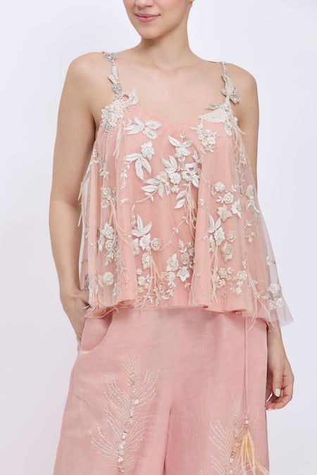 Dilnaz_Pink Net, Polyester, Satin Embroidery V-neck Parsi Gara And Cutwork Camisole _Online_at_Aza_Fashions