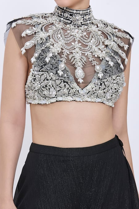 Buy_Dilnaz_Black Net, Polyester, Satin Beads, Stones, Embroidery High Neck Hand Blouse _Online_at_Aza_Fashions