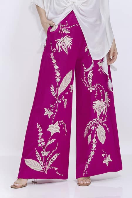 Dilnaz Purple Linen Embroidery Palm Leaf Palazzo Online at Aza Fashions Dilnaz_Purple Linen Embroidery Palm Leaf Palazzo _Online_at_Aza_Fashions