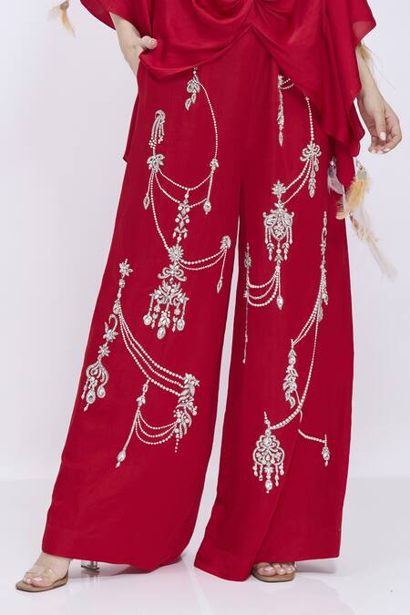 Dilnaz_Red Linen Embroidery, Pearls Hand Palazzo _Online_at_Aza_Fashions