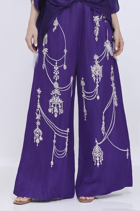 Dilnaz_Purple Linen Pearls, Stones, Zari Hand Embroidered Palazzo _Online_at_Aza_Fashions