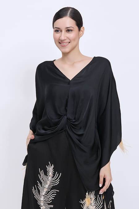 Dilnaz_Black Satin Tassels V-neck Plain Draped Kaftan _Online_at_Aza_Fashions