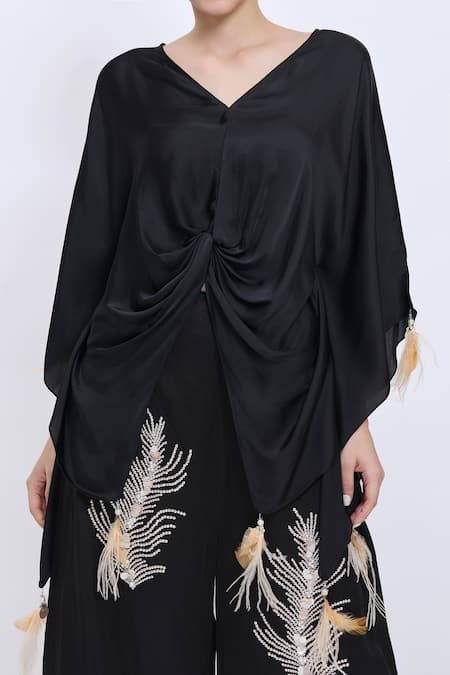 Buy_Dilnaz_Black Satin Tassels V-neck Plain Draped Kaftan _Online_at_Aza_Fashions