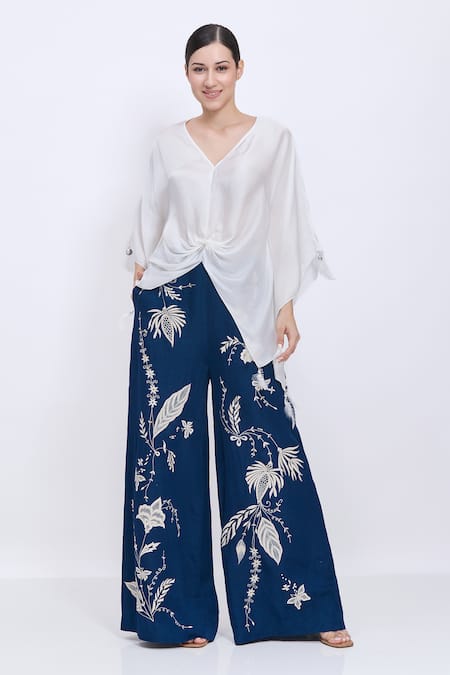 Dilnaz_Ivory Satin V-neck Draped Kaftan _Online_at_Aza_Fashions