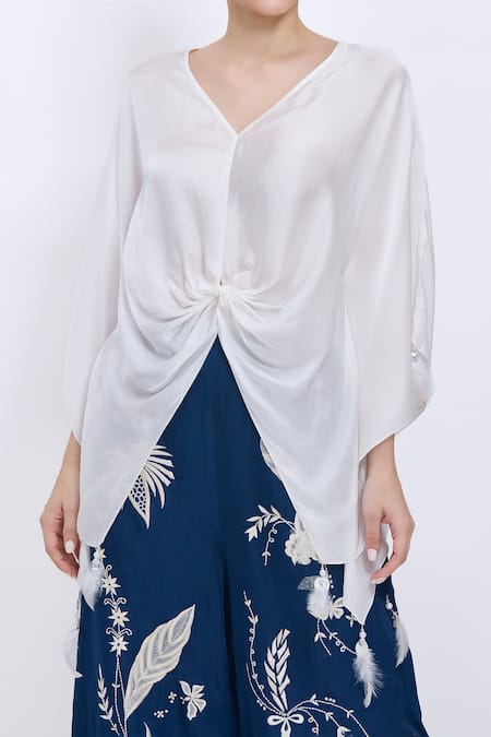 Buy_Dilnaz_Ivory Satin V-neck Draped Kaftan _Online_at_Aza_Fashions