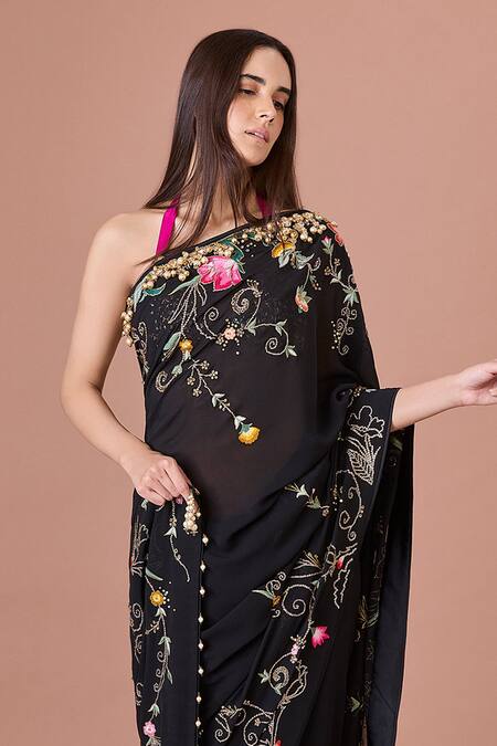 Dilnaz Black Georgette, Polyester, Satin Embroidery, Sequins, Pearls Floral Saree Online at Aza Fashions Dilnaz_Black Georgette, Polyester, Satin Embroidery, Sequins, Pearls Floral Saree _Online_at_Aza_Fashions