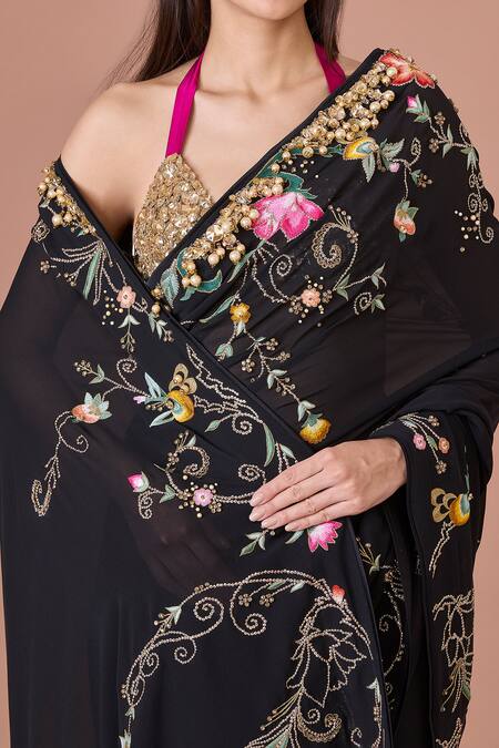 Buy Dilnaz Black Georgette, Polyester, Satin Embroidery, Sequins, Pearls Floral Saree Online at Aza Fashions Buy_Dilnaz_Black Georgette, Polyester, Satin Embroidery, Sequins, Pearls Floral Saree _Online_at_Aza_Fashions