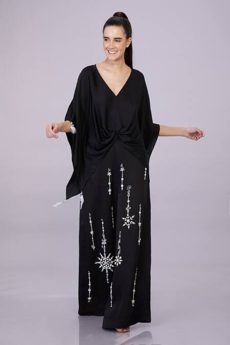 Dilnaz_Black Satin Tassels, Embroidery V-neck Draped Kaftan _Online_at_Aza_Fashions