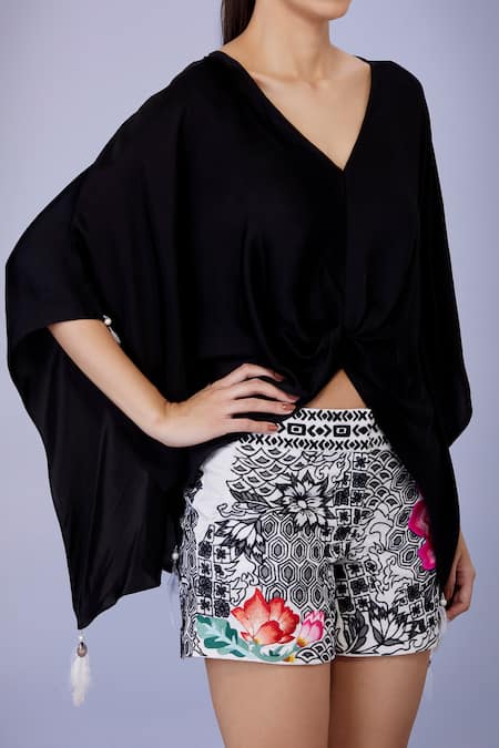 Buy_Dilnaz_Black Satin Tassels, Embroidery V-neck Draped Kaftan _Online_at_Aza_Fashions