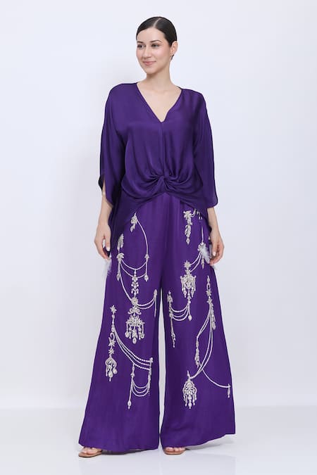 Dilnaz_Purple Satin Tassels V-neck Plain Draped Kaftan _Online_at_Aza_Fashions