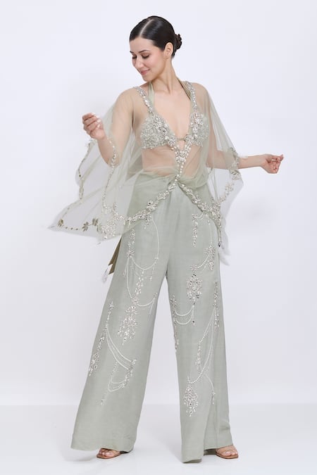 Dilnaz Gray Net Sequins, Stones, Embroidery V-, Halter Necklace Kaftan Online at Aza Fashions Dilnaz_Gray Net Sequins, Stones, Embroidery V-, Halter Necklace Kaftan _Online_at_Aza_Fashions