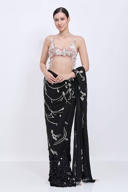 Dilnaz_Pink Net, Polyester, Satin Fabric Flowers, Hand Embroidered Floral Blouse _Online_at_Aza_Fashions