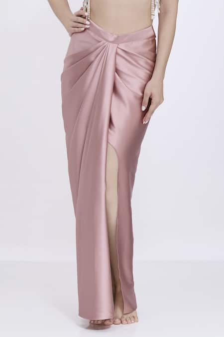 Buy_Dilnaz_Pink Satin Draped Milano Skirt _Online_at_Aza_Fashions