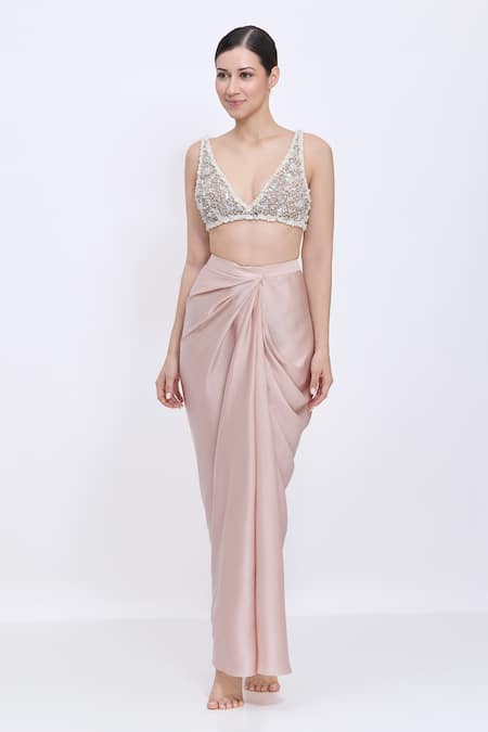 Dilnaz_Beige Net, Polyester, Satin Pearls, Sequins V-neck Hand Embroidered Blouse _Online_at_Aza_Fashions