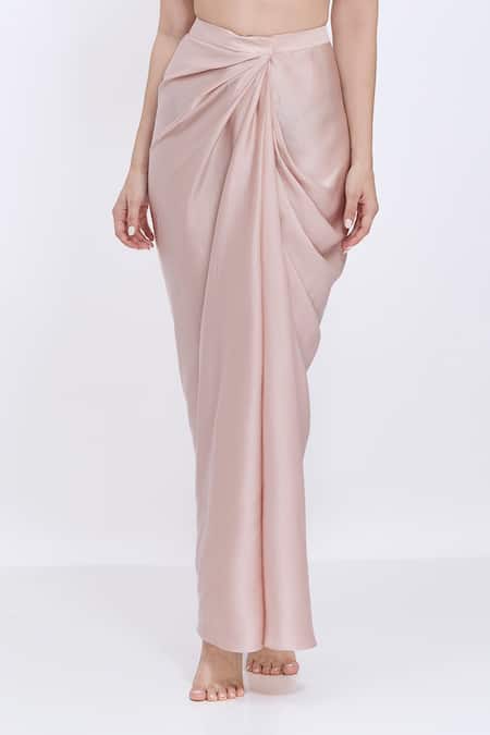 Dilnaz_Beige Satin Draped Skirt _Online_at_Aza_Fashions