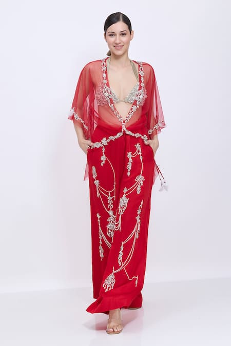 Dilnaz_Red Net Embroidery, Tassels V-neck Necklace Kaftan _Online_at_Aza_Fashions