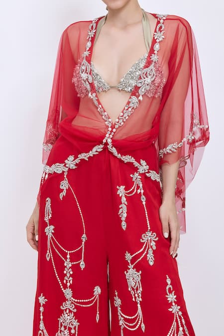 Buy_Dilnaz_Red Net Embroidery, Tassels V-neck Necklace Kaftan _Online_at_Aza_Fashions