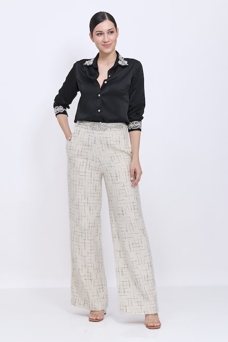 Dilnaz_Black Satin Embroidery, Diamonds Collared Hand Shirt _Online_at_Aza_Fashions