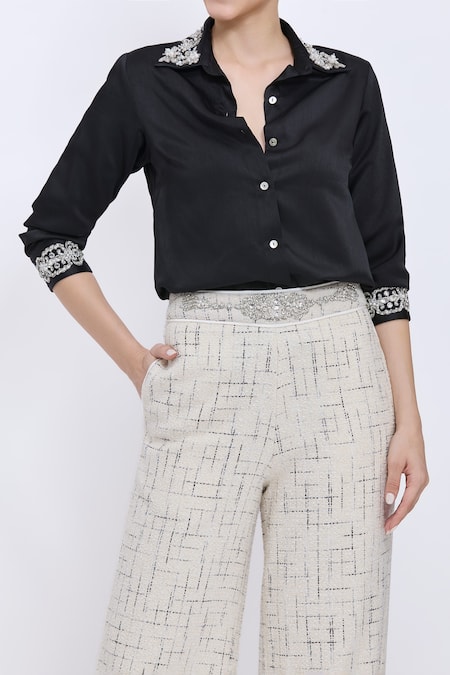 Buy_Dilnaz_Black Satin Embroidery, Diamonds Collared Hand Shirt _Online_at_Aza_Fashions
