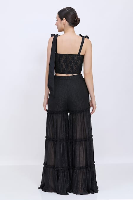 Dilnaz Pearl Lines Work Corset & Tiered Sharara Set 