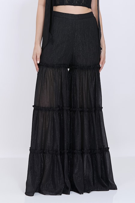 Buy_Dilnaz_Black Net, Lace, Polyester, Satin, Lines Work Corset And Tiered Sharara Set _Online_at_Aza_Fashions