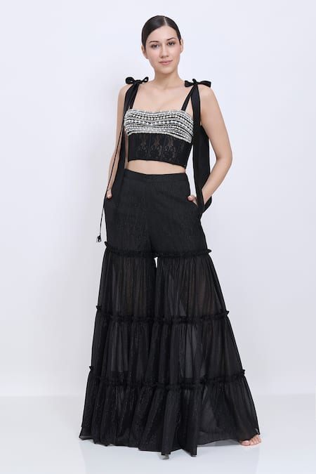 Dilnaz Pearl Lines Work Corset & Tiered Sharara Set 