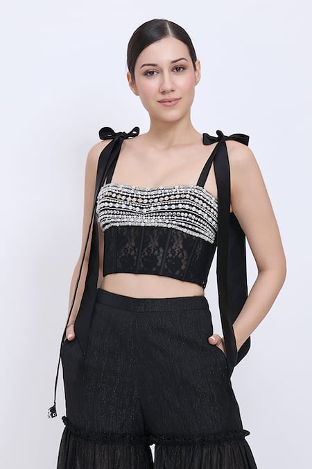 Shop_Dilnaz_Black Net, Lace, Polyester, Satin, Lines Work Corset And Tiered Sharara Set _Online_at_Aza_Fashions