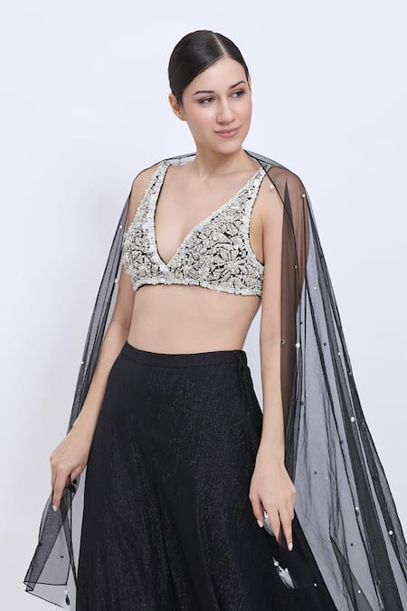 Dilnaz_Black Net Pearls Hand Embroidered Sprinkling Dupatta _Online_at_Aza_Fashions