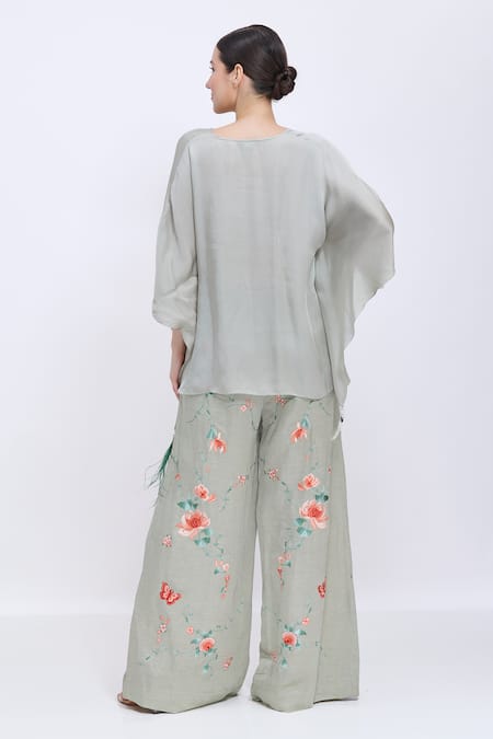 Shop_Dilnaz_Gray Linen Embroidery Chrysanthemum Palazzo _at_Aza_Fashions