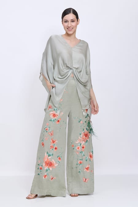Dilnaz Gray Linen Embroidery Chrysanthemum Palazzo 