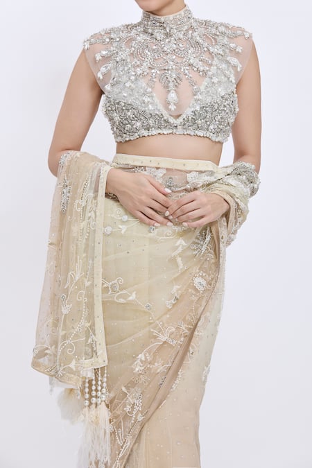 Shop_Dilnaz_Gray Net, Polyester Beads, Pearls, Stones V-neck Grid And Hand Embroidered Blouse _Online_at_Aza_Fashions