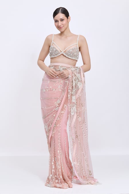 Dilnaz_Pink Net, Polyester, Satin Beads, Pearls Sweetheart Grid Hand Embroidered Blouse _Online_at_Aza_Fashions