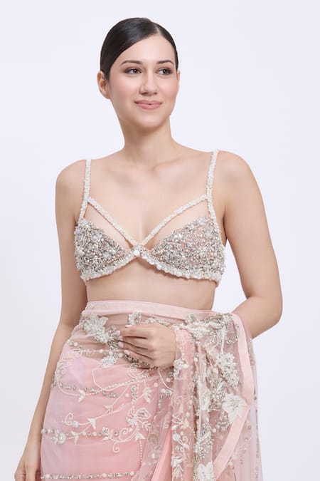 Buy_Dilnaz_Pink Net, Polyester, Satin Beads, Pearls Sweetheart Grid Hand Embroidered Blouse _Online_at_Aza_Fashions