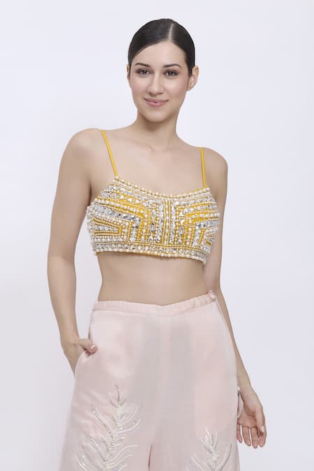 Dilnaz_Yellow Net, Polyester, Satin Beads, Sequins Stone Hand Embroidered Bustier _Online_at_Aza_Fashions