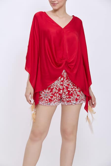 Dilnaz_Red Satin Sequins, Embroidery V-neck Knotted Kaftan _Online_at_Aza_Fashions