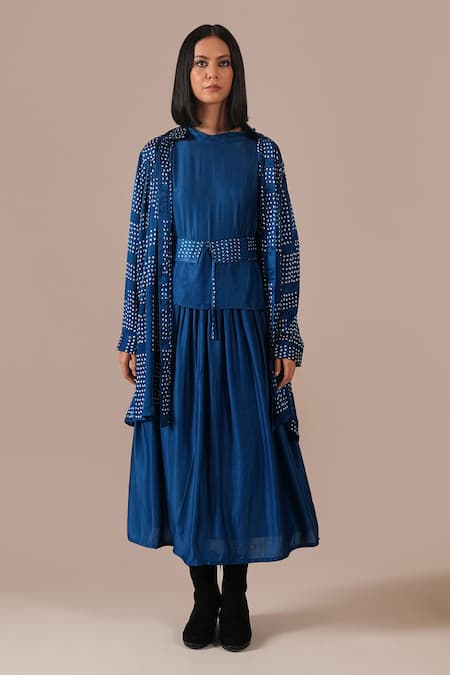 Indigo Dreams_Blue Silk Collared, Round Neck Bandhani Pattern Skirt Set  _Online_at_Aza_Fashions