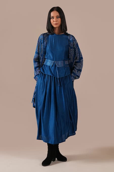 Buy_Indigo Dreams_Blue Silk Collared, Round Neck Bandhani Pattern Skirt Set  _Online_at_Aza_Fashions
