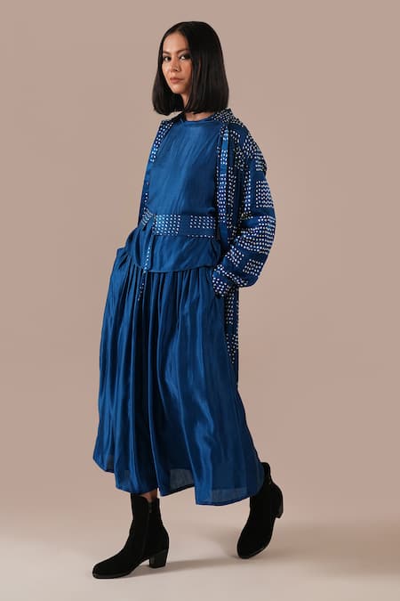 Shop_Indigo Dreams_Blue Silk Collared, Round Neck Bandhani Pattern Skirt Set  _Online_at_Aza_Fashions