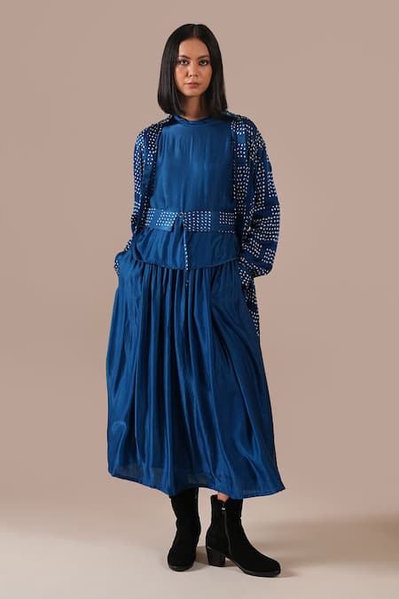 Indigo Dreams_Blue Silk Collared, Round Neck Bandhani Pattern Skirt Set  _at_Aza_Fashions